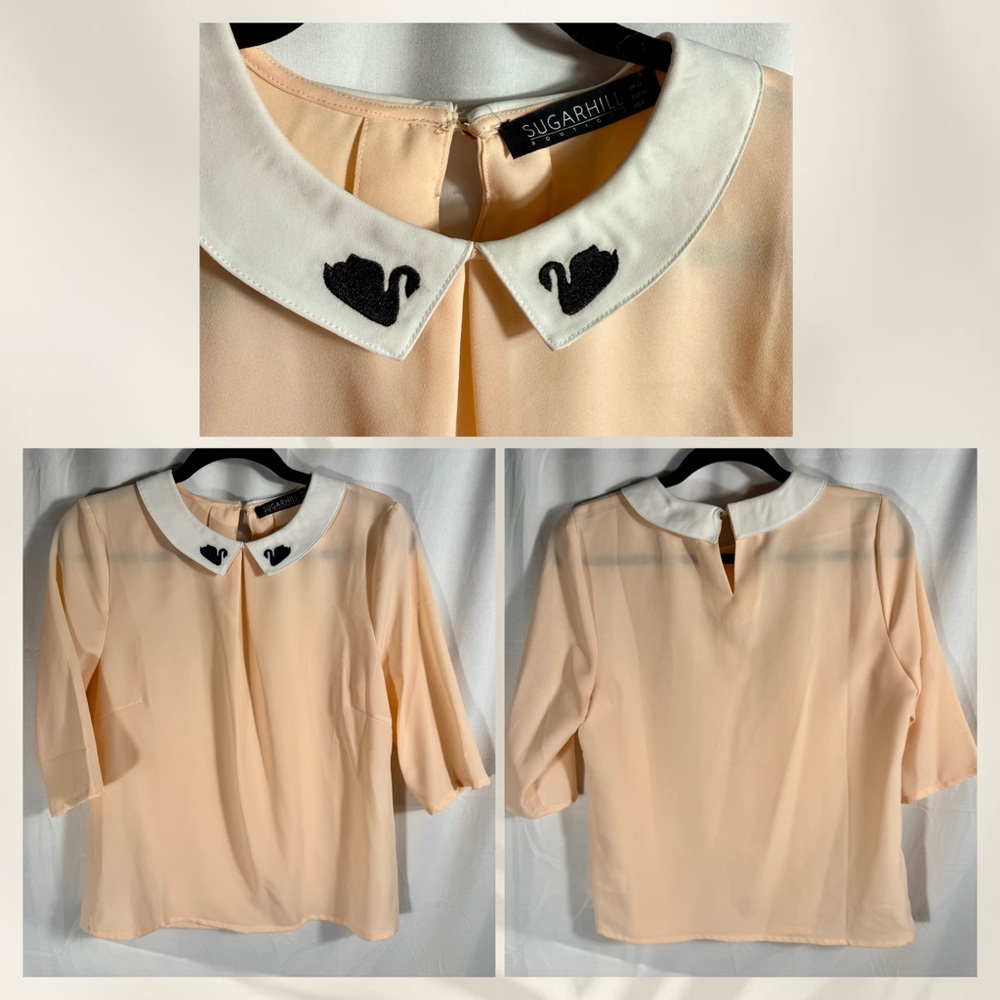 Sugarhill Boutique Blouse with Peter Pan Collar Swan Embroidery ~C1